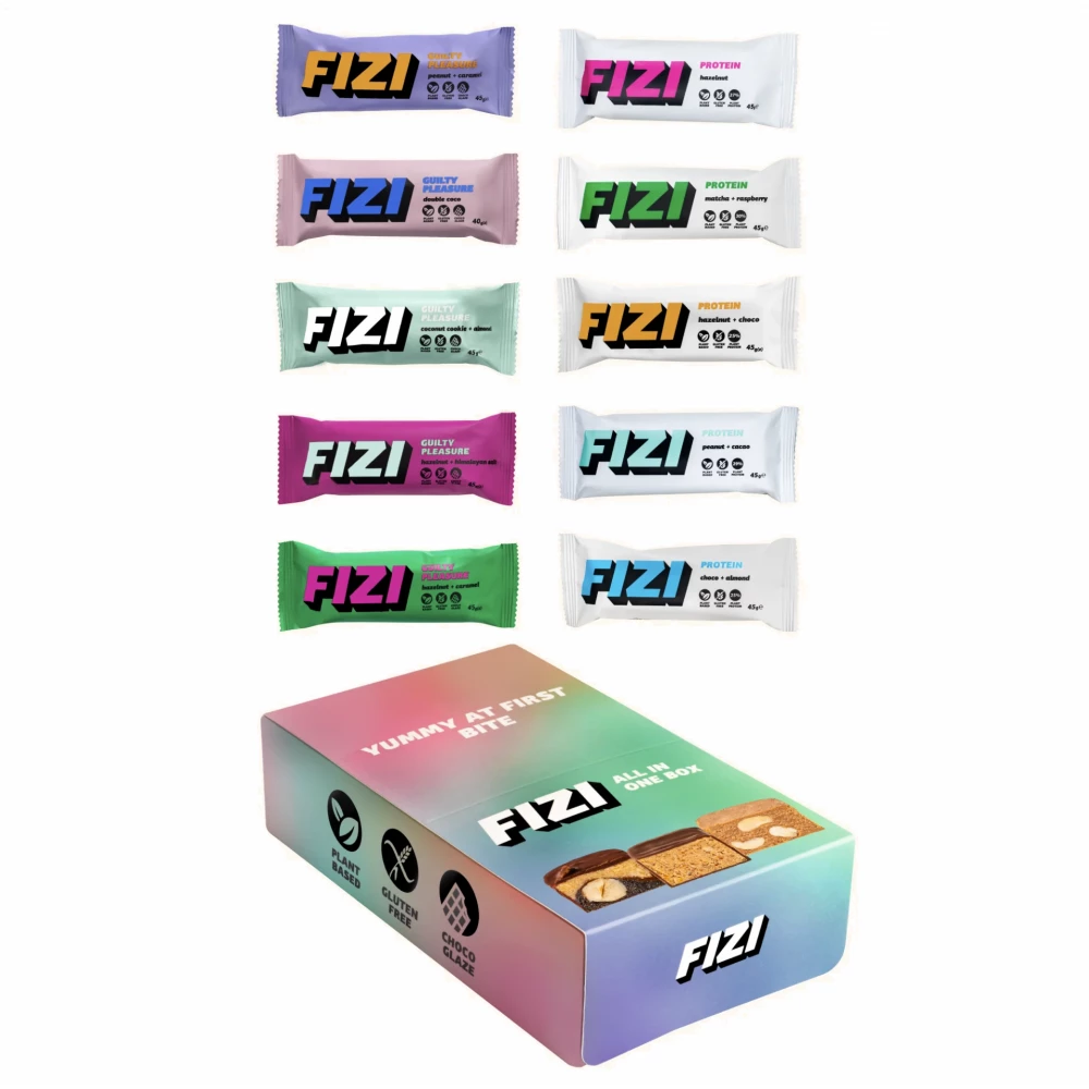 Батончики шоколадные и протеиновые FIZI All In One Box - 10x45g