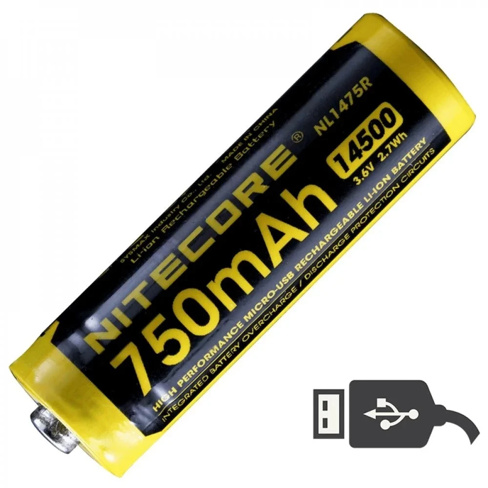 Акумулятор літієвий Li-Ion IMR 14500 Nitecore NL1475R 3.6V (750mAh, USB), захищений