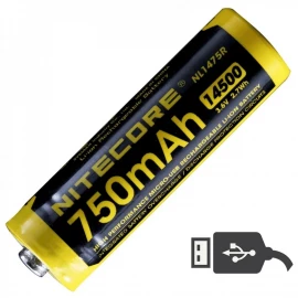 Аккумулятор литиевый Li-Ion IMR 14500 Nitecore NL1475R 3.6V (750mAh, USB), защищенный