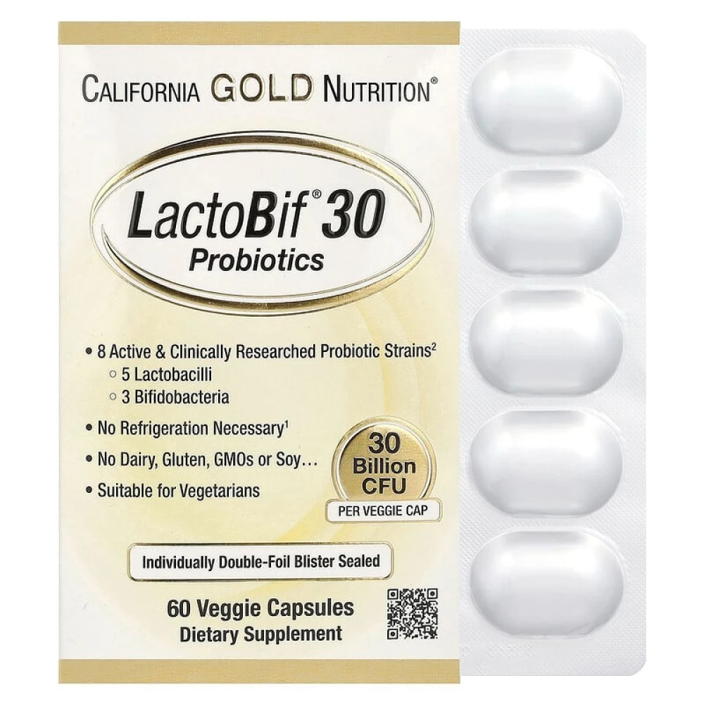 Пробиотик California Gold Nutrition LactoBif 30 Probiotics - 60 veg caps
