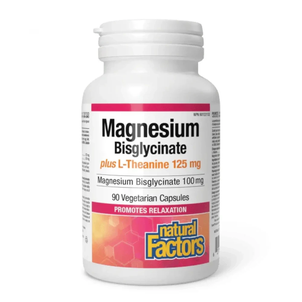 Магній Бісгліцинат Natural Factors Magnesium Bisglycinate 100 mg plus L-Theanine 125 mg - 90 vcaps